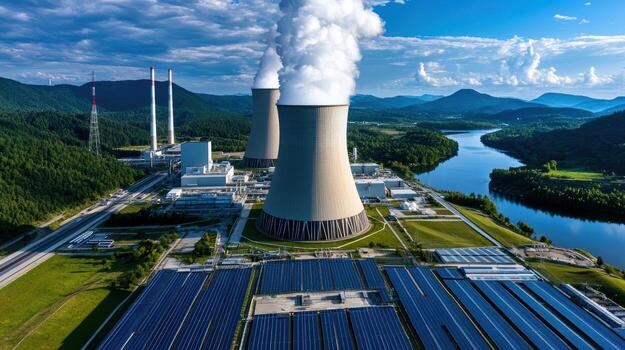 Large nuclear complex with cooling towers, solar panels, and river photo