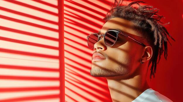 Stylish man wearing sunglasses illuminated by red light patterns, exuding confidence photo