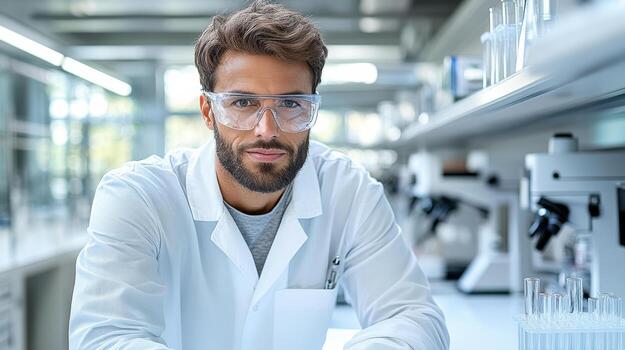 Researcher in lab coat with glasses, focused on experiments in modern laboratory photo