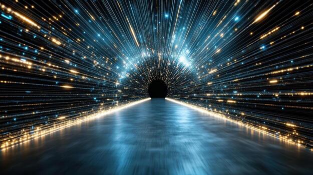 Vibrant tunnel of light with streaks of blue and gold, creating sense of depth and motion photo