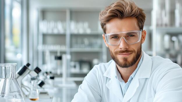 Laboratory technician wearing glasses, smiling confidently in lab environment photo
