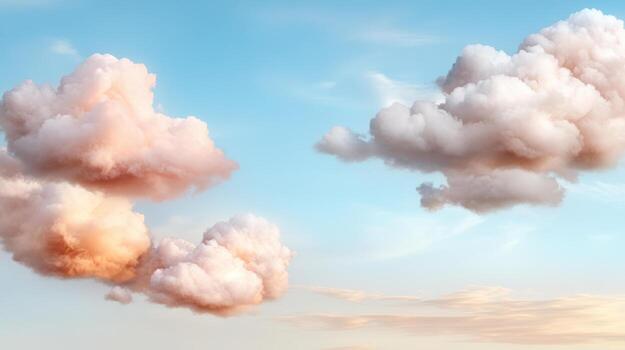 Soft clouds peach and lavender tones float against serene blue sky, creating tranquil atmosphere photo