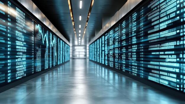 Futuristic corridor with digital screens displaying financial data and graphs photo