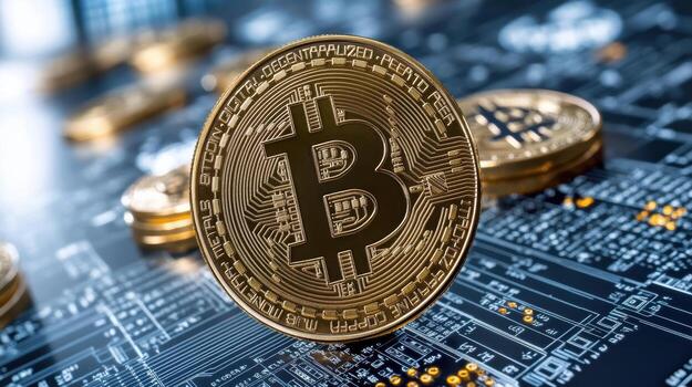 Golden cryptocurrency coin digital circuit board background, symbolizing finance and technology photo