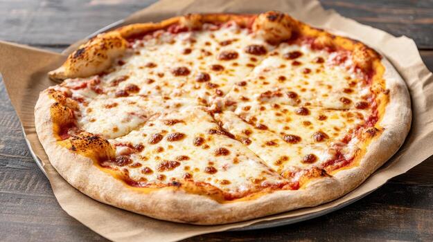 Cheese pizza with golden bubbling top on rustic paper, perfect for sharing and enjoying photo