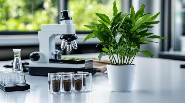 Analyzing soil and water samples in environmental lab with plants and equipment photo