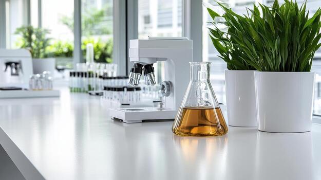 Laboratory equipment with glass flask and plants on bright table photo