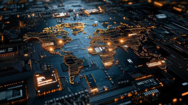 Digital world map with circuit board design, glowing elements, and intricate details photo
