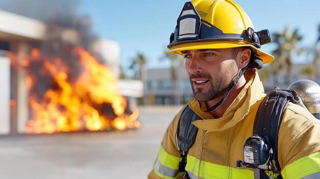 Firefighter uniform, smiling confidently near simulated fire, showcasing bravery and readiness photo