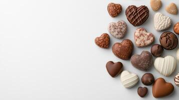 encantador corazón conformado chocolates arreglado hermosamente blanco fondo, Perfecto foto