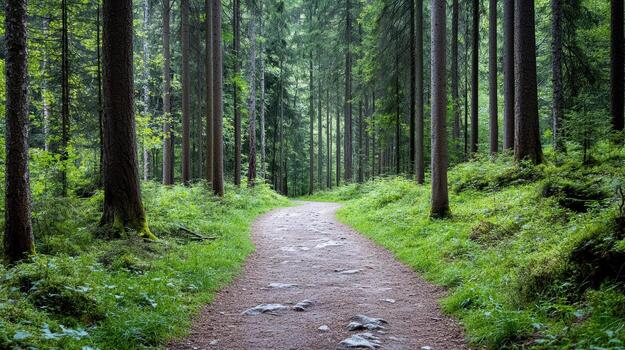 Serene forest path surrounded by tall trees and lush greenery invites exploration photo