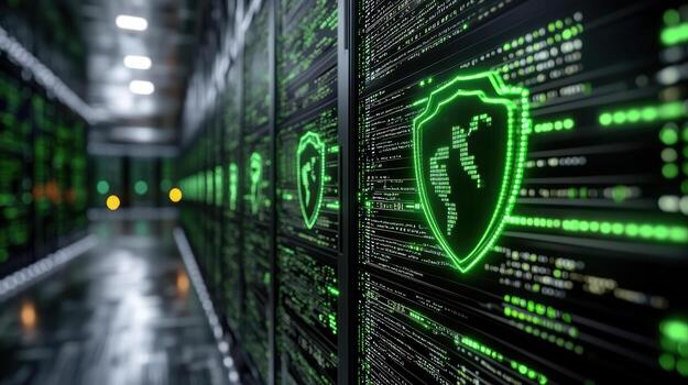 Digital security system with glowing shield icons and data streams photo