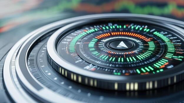 High tech gauge displaying fluctuating data with vibrant colors and intricate design photo