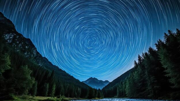 Star trails create mesmerizing patterns in night sky over serene mountain landscape photo