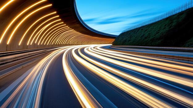 Long exposure of light trails in curved tunnel during blue hour creates dynamic scene photo