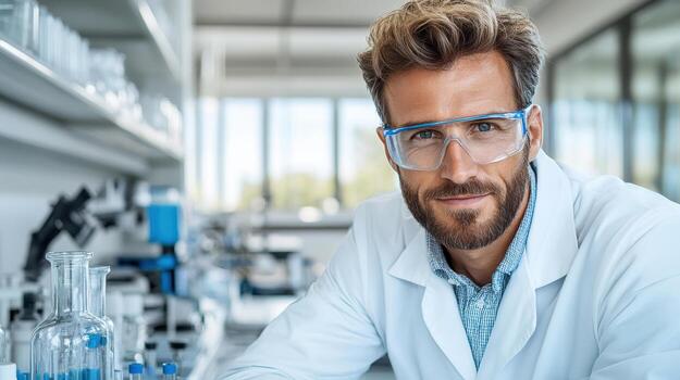 Professional man in lab coat wearing glasses, smiling confidently in laboratory setting photo