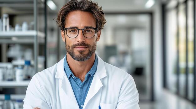 Professional researcher wearing lab coat, smiling confidently in laboratory setting photo