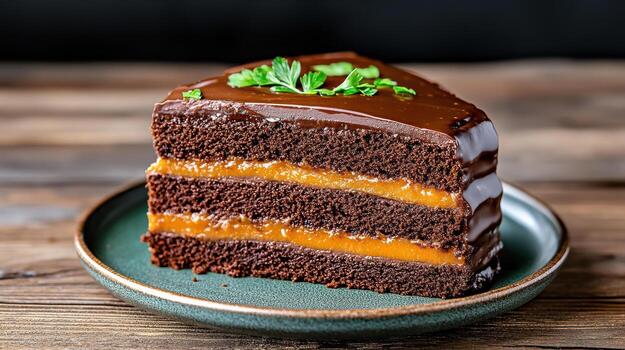 delicioso chocolate pastel con denso capas y albaricoque relleno, adornado con hierbas foto