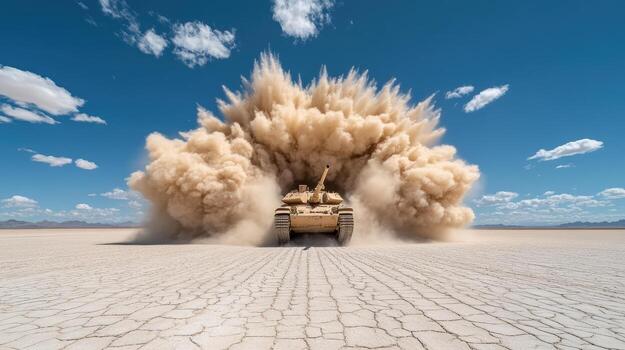 Massive tank firing main cannon, creating cloud of dust and debris in desert landscape photo