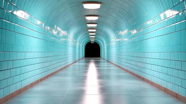 Long, turquoise tiled tunnel with bright overhead lights leads to dark exit, creating mysterious photo