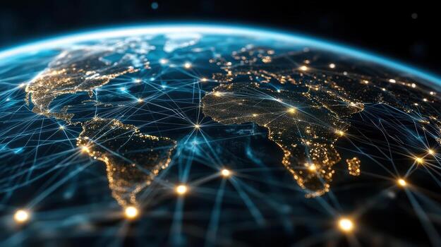 Global trade flow concept, illuminated continents, interconnected networks, digital connections photo