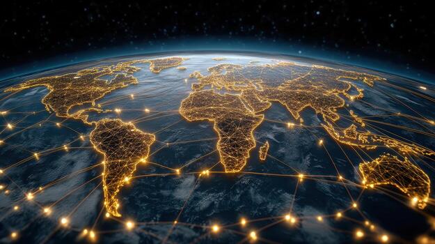 Global trade flow, world map, interconnected networks, digital connections, glowing lines photo