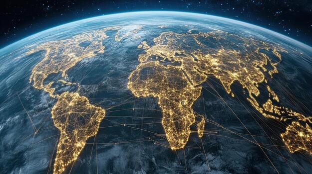 Illuminated globe showcasing global trade flow, highlighting interconnected networks across photo