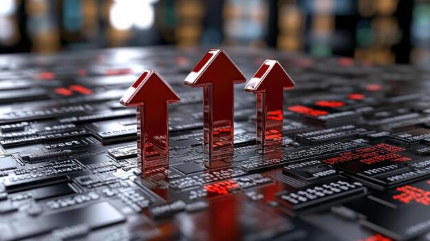 Rising interest rates represented by red arrows digital circuit board, symbolizing growth photo