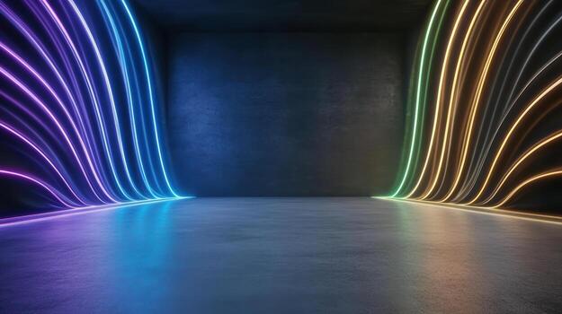 Vibrant neon lights create stunning wave effect in dark room, enhancing atmosphere photo