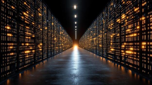 Futuristic data center illuminated by glowing servers creates captivating atmosphere photo
