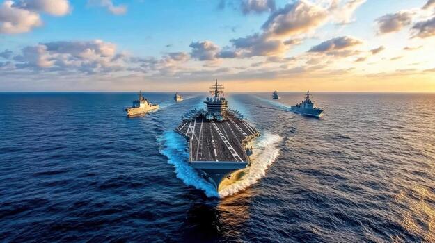 Aircraft carrier sailing with escorts in ocean at sunset, showcasing naval power and teamwork photo