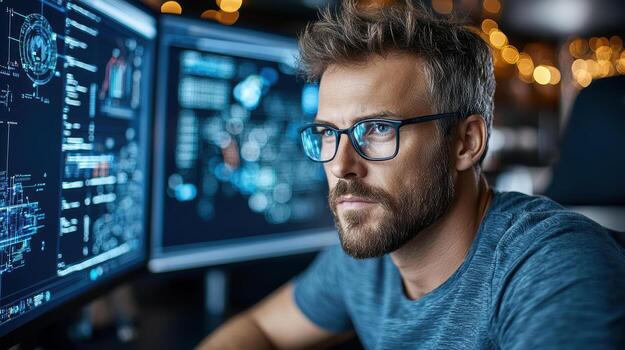 Focused man working on computer screens displaying data and graphics photo