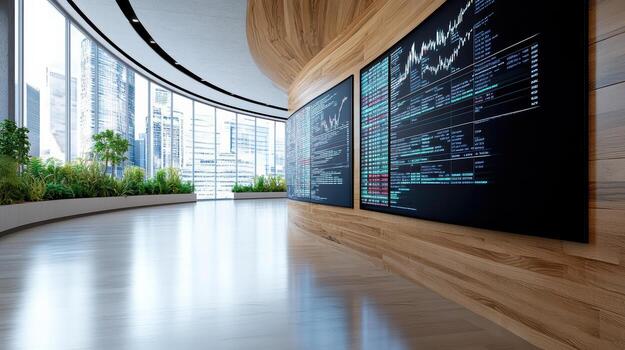 Modern office space with curved walls displaying financial data and projections, surrounded by photo