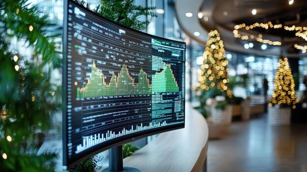 Curved screen displaying financial projections with festive decorations in background photo