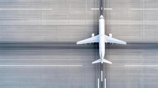 Aerial view of airplane on, showcasing its sleek design and motion photo