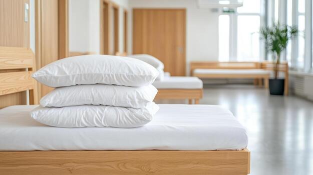 Neatly arranged beds with white pillows in modern, bright room create calming atmosphere photo