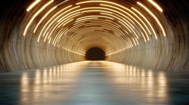 Modern tunnel with illuminated curved lights creates captivating atmosphere, leading into photo