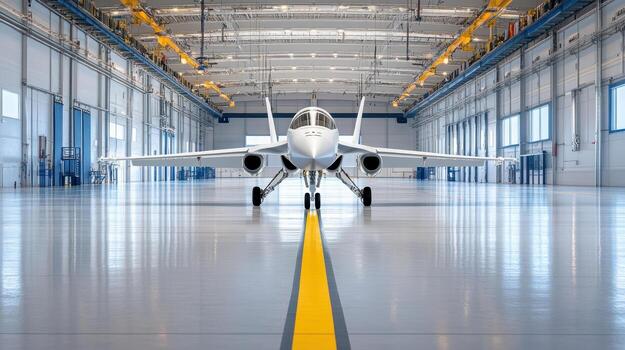 pulcro combatiente chorro posicionado en espacioso hangar, exhibiendo moderno diseño y Ingenieria foto