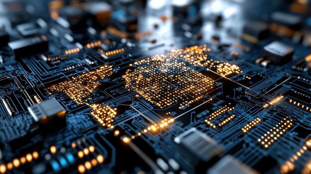 Digital circuit board with glowing world map design, symbolizing global connectivity photo
