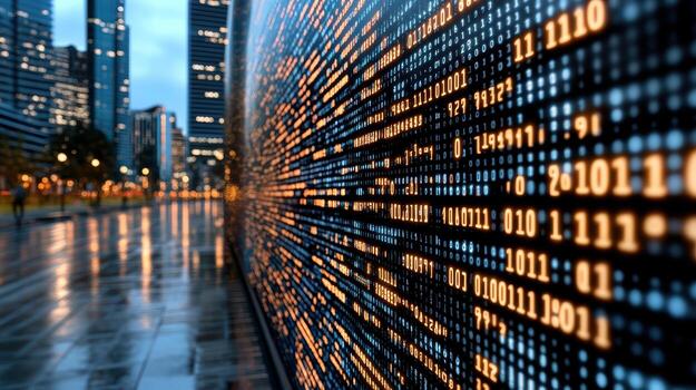 Digital data visualization showcases binary code illuminated against cityscape backdrop photo