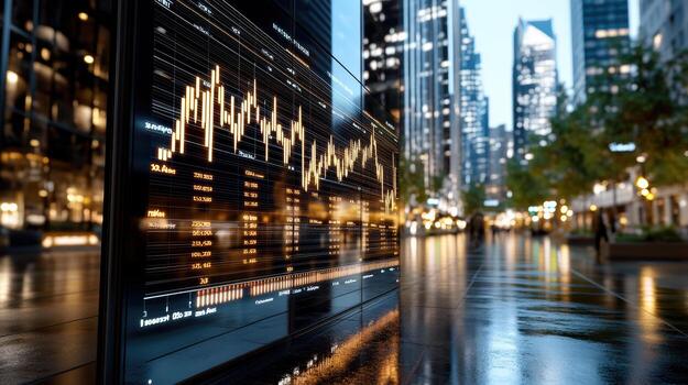 High tech financial display showing market trends in cityscape at dusk photo