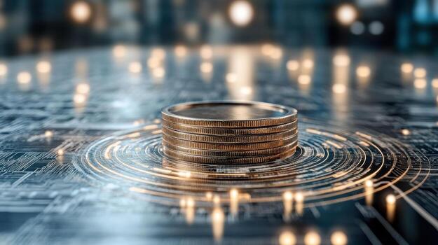 Stacked coins on digital circuit background symbolize economic growth and innovation photo