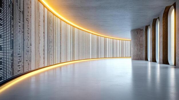 Futuristic data visualization room with illuminated walls and smooth floor, creating modern photo