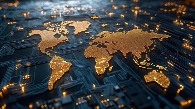 Futuristic digital world map showcasing economic growth with glowing circuits and data points photo