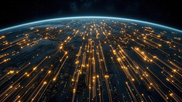 Futuristic digital world map showcasing economic growth with glowing data streams photo