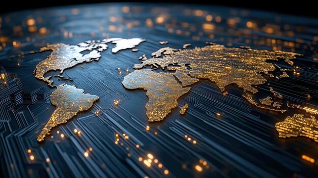 Futuristic digital world map with glowing connections representing economic growth photo