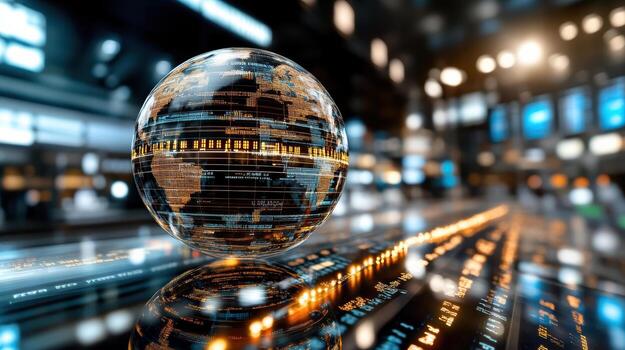 Digital globe with financial data, glowing lines, and abstract background photo