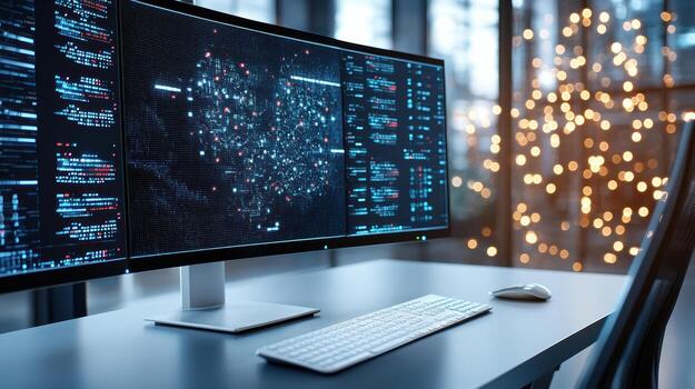 High tech computer setup with glowing data visualizations and blurred lights photo