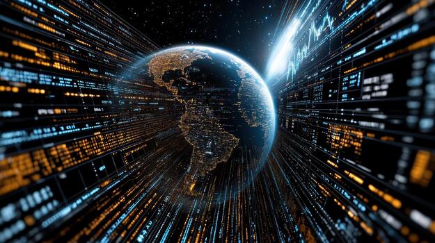 Digital globe with financial data streams, showcasing global connectivity and technology photo