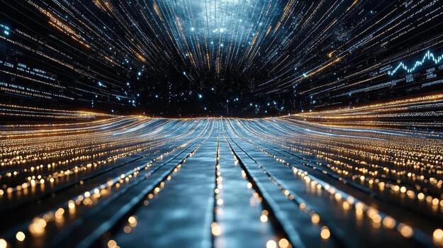 Glowing financial metrics flow across digital landscape, creating vibrant atmosphere photo